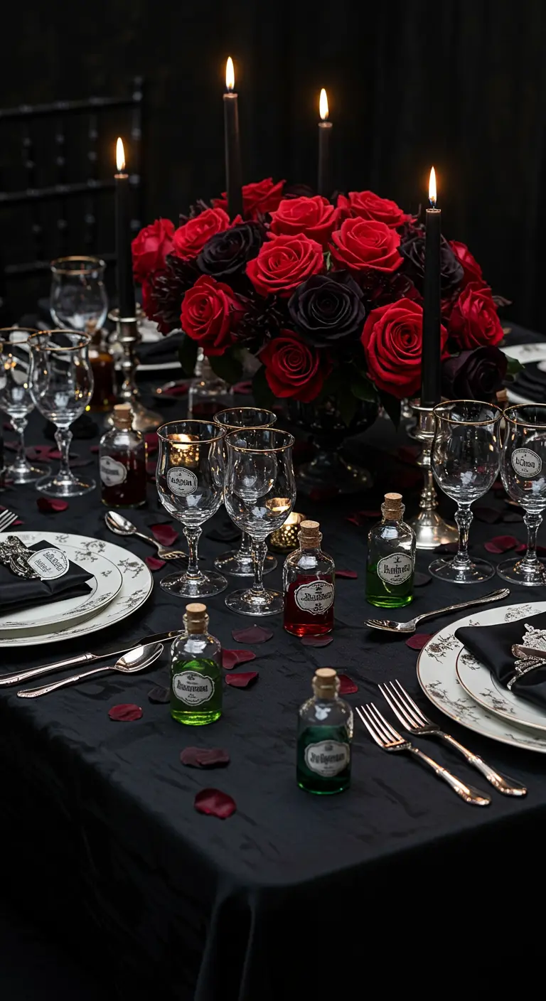 Halloween table with tiny potion bottles in red and green used as place settings.