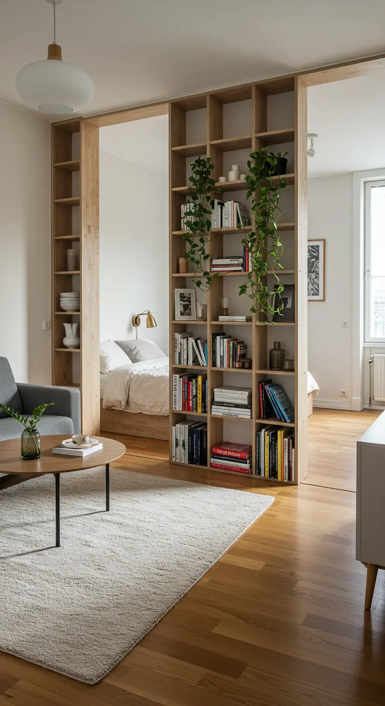 A wooden bookshelf divider separates a living room from a bedroom in a studio apartment.