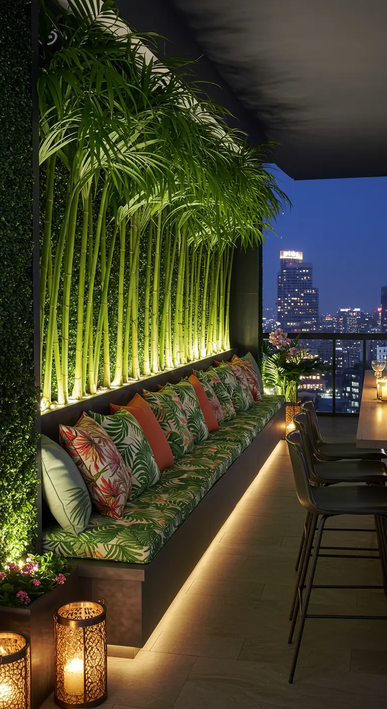 A modern balcony with a row of bamboo stalks lit from below, in front of a long bench.