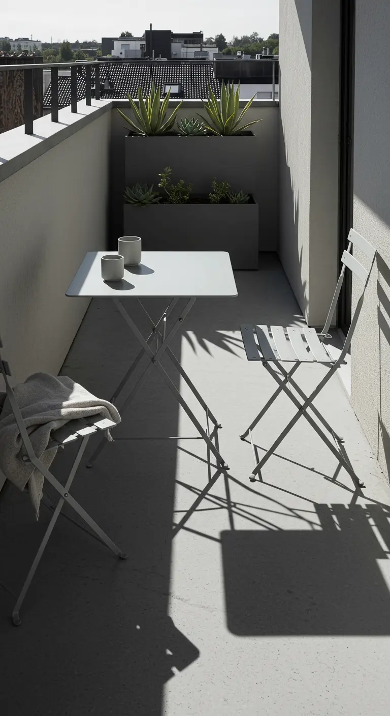 A minimalist grey balcony with metal furniture and architectural agave plants in charcoal planters.