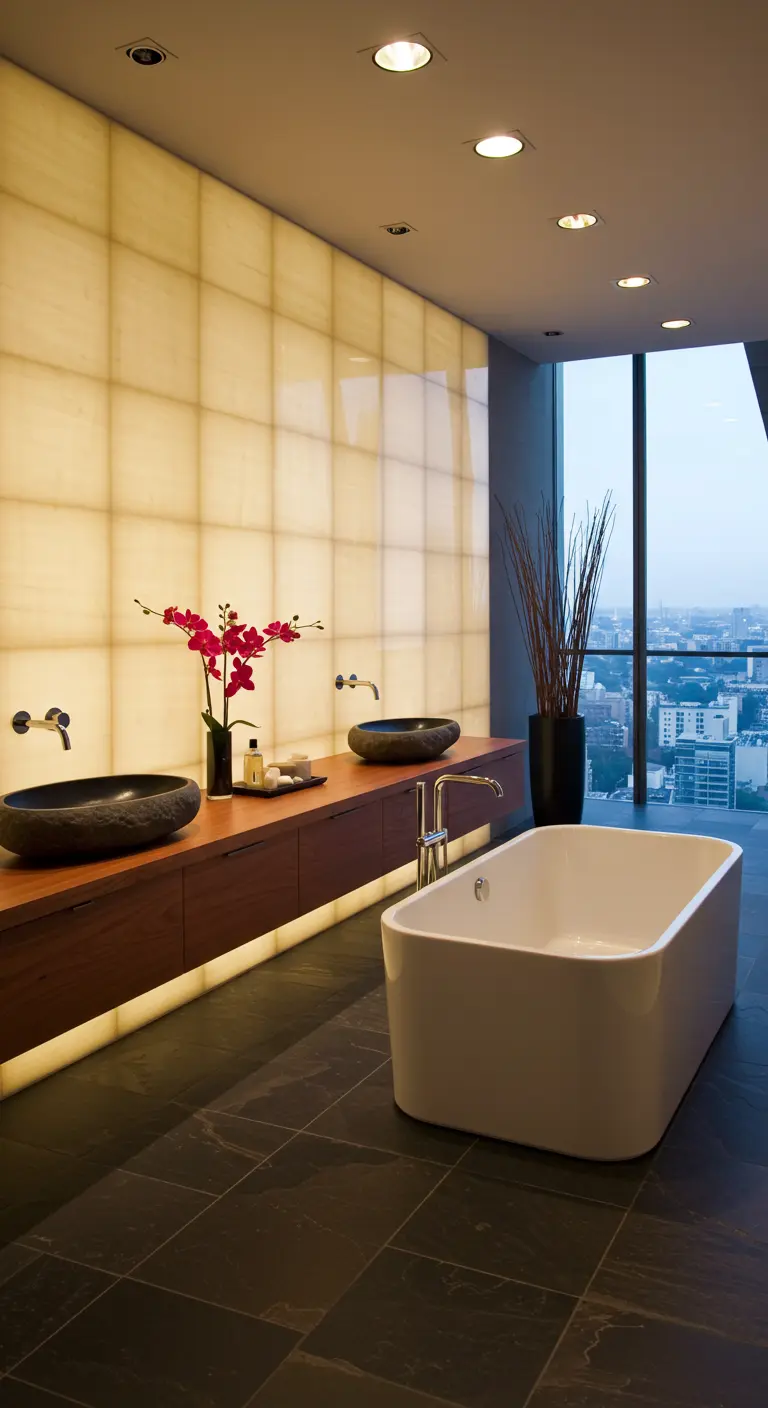Modern bathroom with a backlit onyx wall, wood vanity, two stone basins, and a freestanding tub.