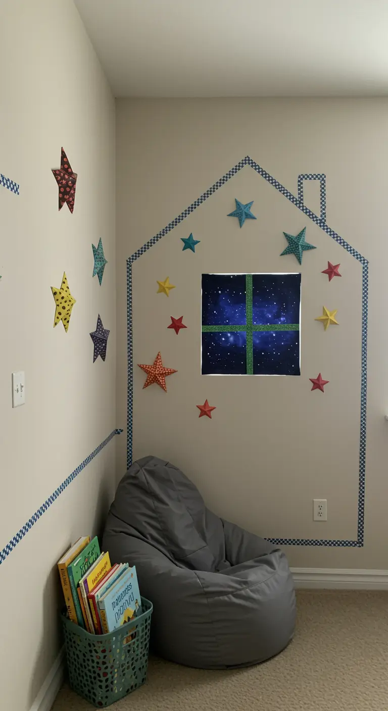A reading nook for a child with a house shape outlined on the wall in blue washi tape.