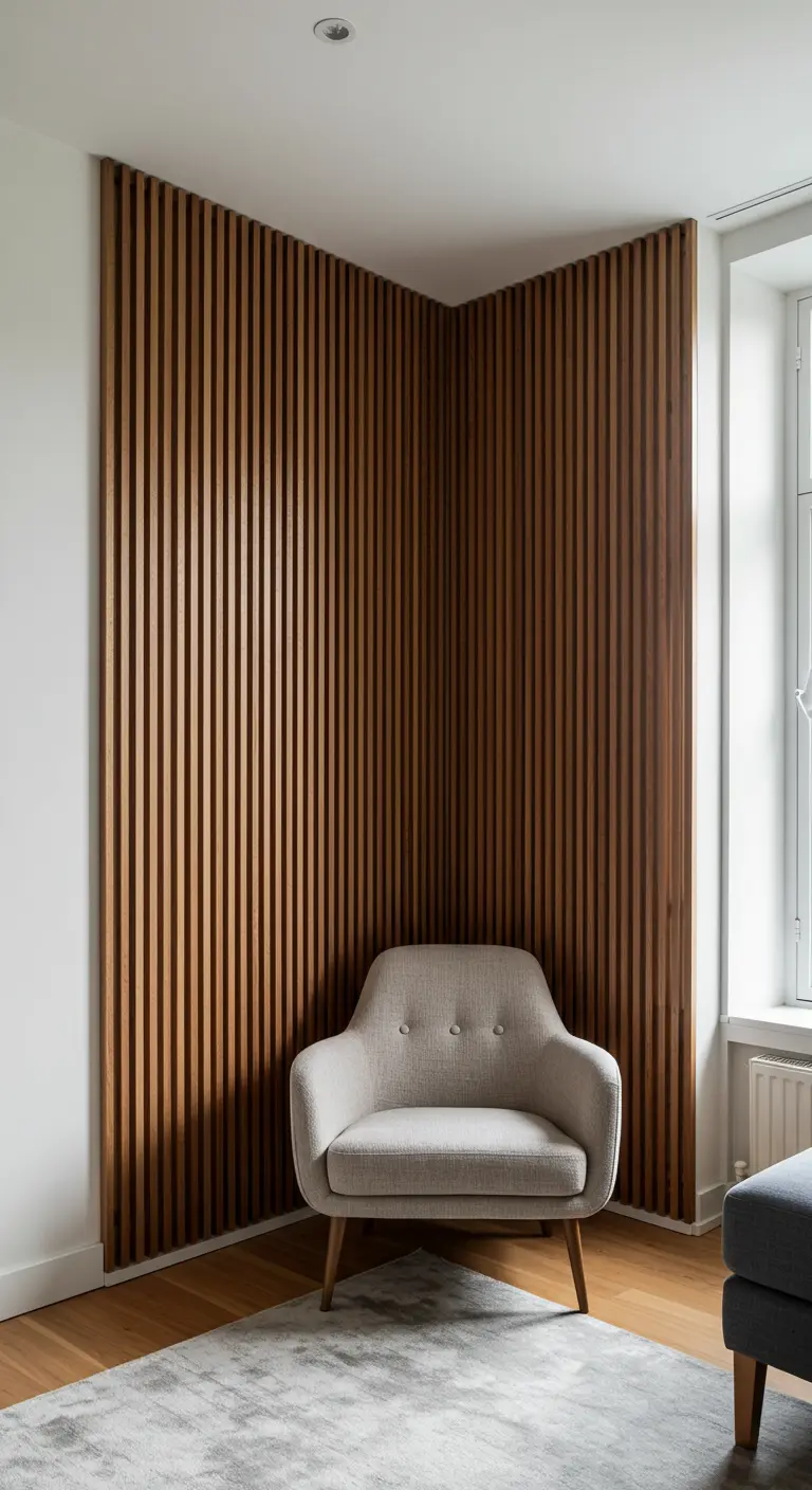 An armchair in a corner with floor-to-ceiling vertical wood slats on two walls.