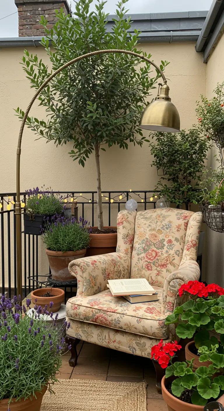 A comfortable floral armchair and a brass floor lamp on a balcony surrounded by potted plants.