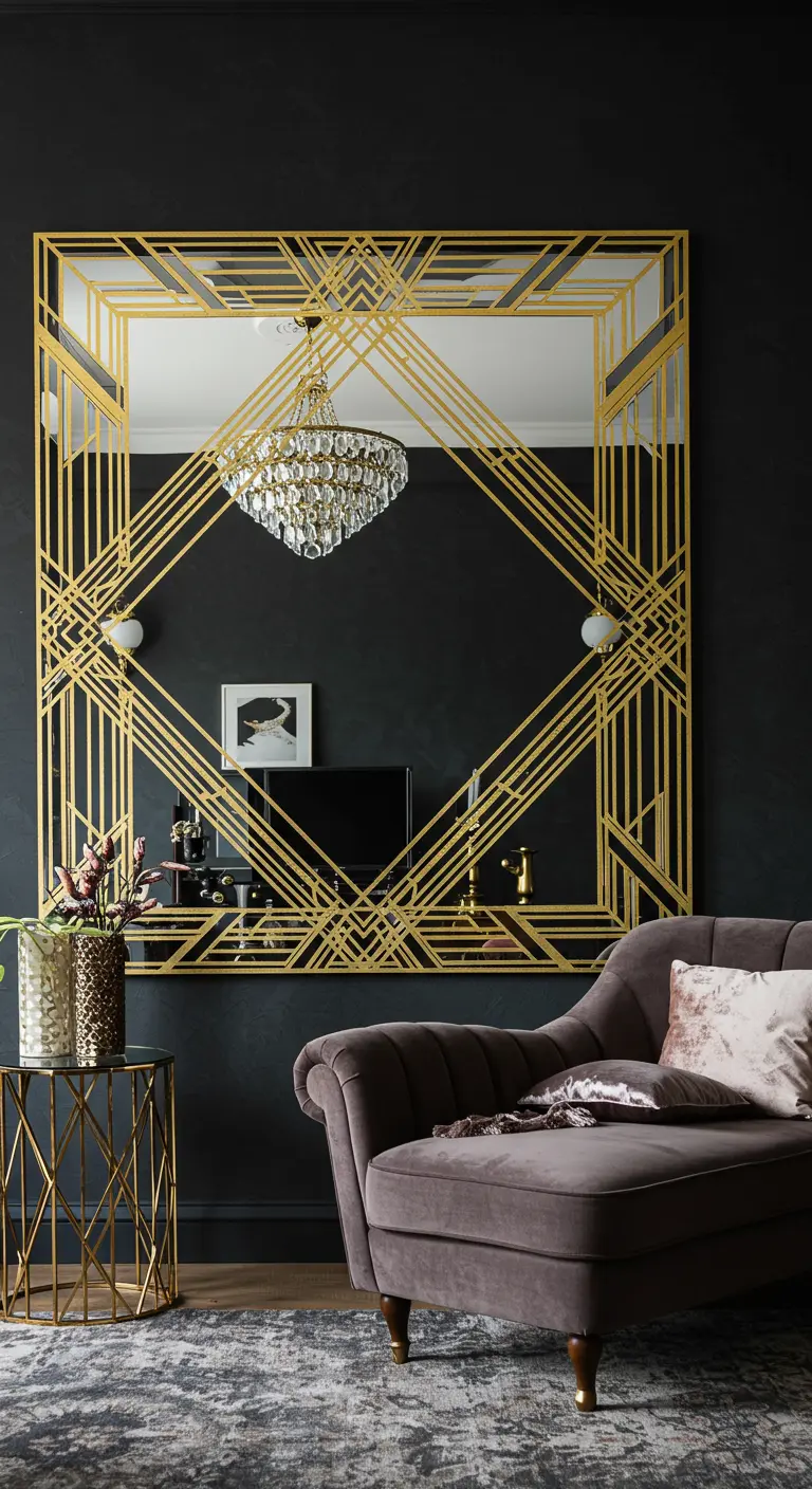 A large mirror on a black wall framed with an intricate gold geometric washi tape design.
