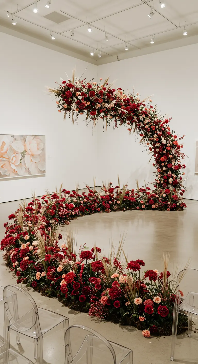 A swirling, C-shaped floral installation on the floor of a white art gallery.