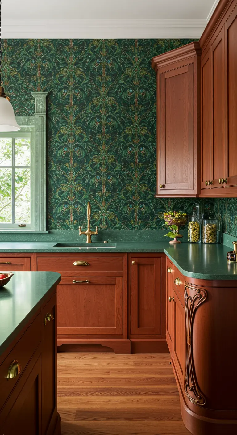 Art Nouveau-style kitchen with intricate wallpaper, cherry wood cabinets, and curved details.