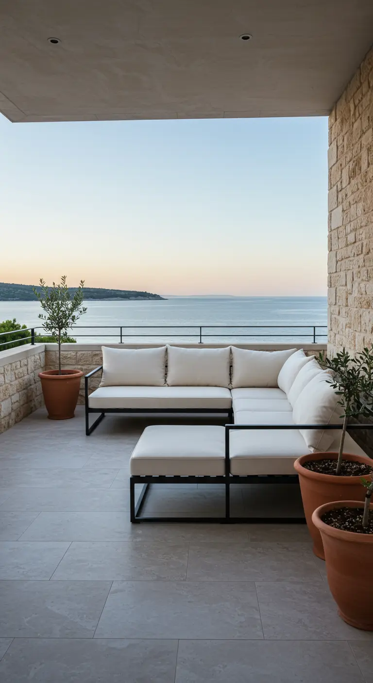 A large black L-shaped sofa on a stone terrace with terracotta olive planters.