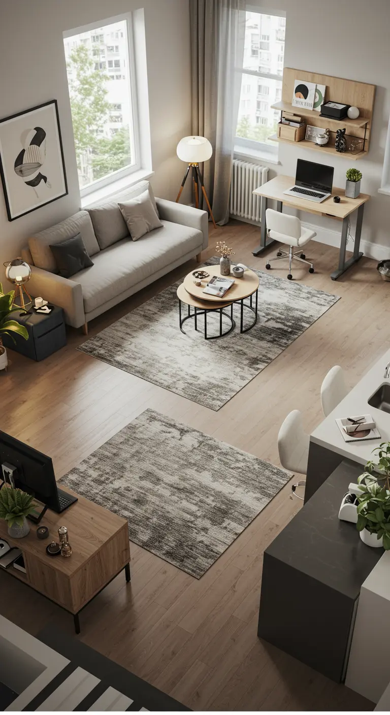 An aerial view of an open-plan living room using two separate rugs to define different zones.
