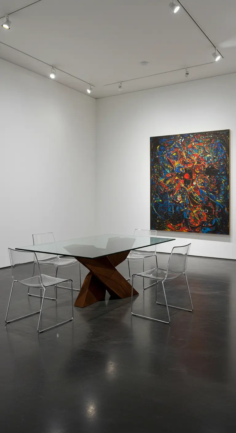 Art gallery dining space with a glass table, sculptural wood base, and clear acrylic chairs.