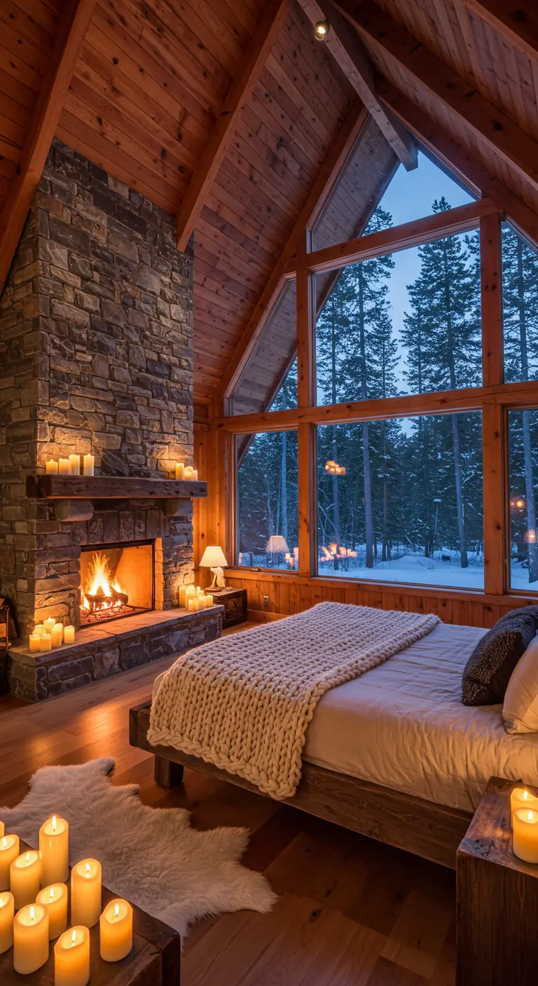 Rustic A-frame bedroom with a stone fireplace and candles illuminating the space at night.
