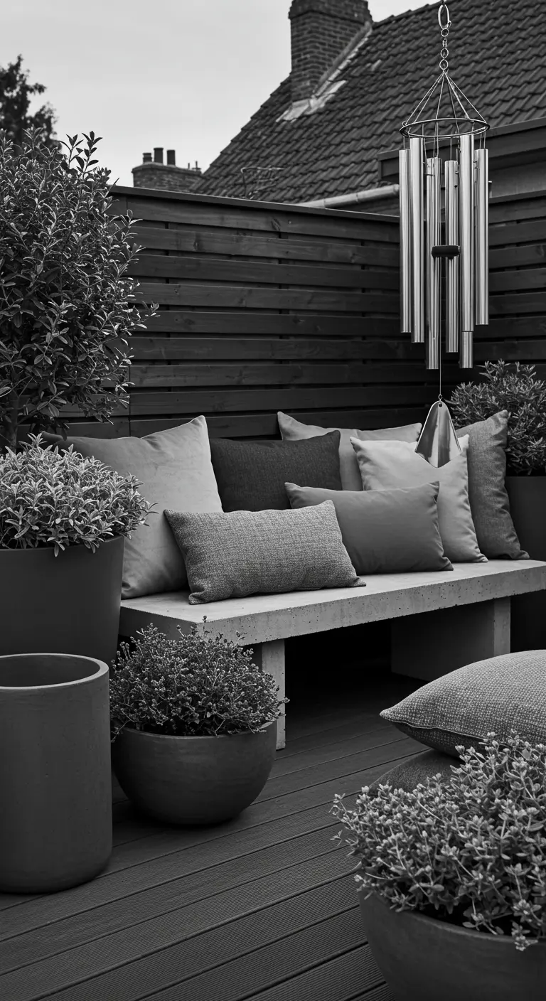 A stylish monochrome balcony with a concrete bench, grey textured pillows, and dark planters.