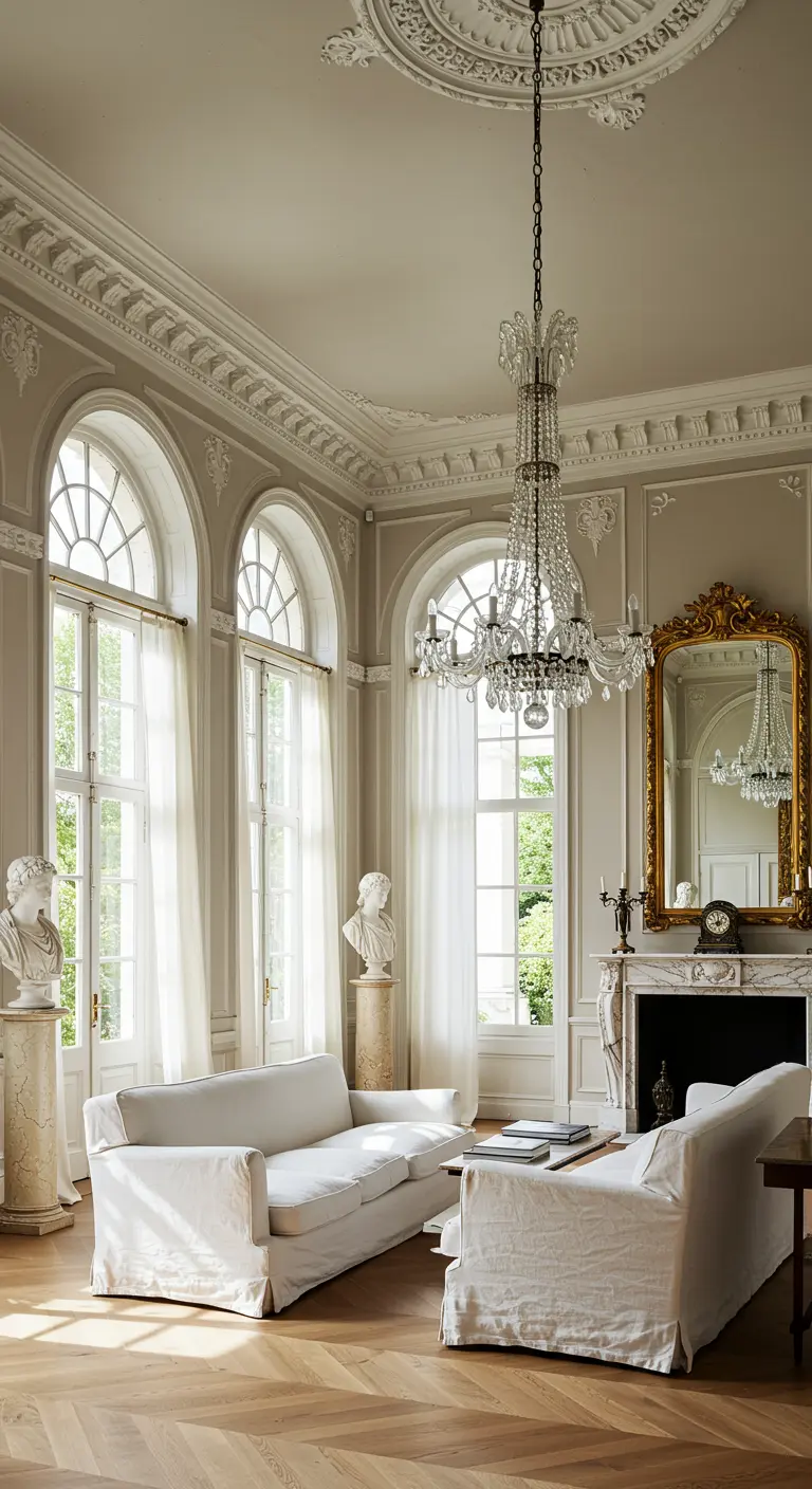 Sunlit neoclassical living room with arched windows, crystal chandelier, and white slipcovered sofas.
