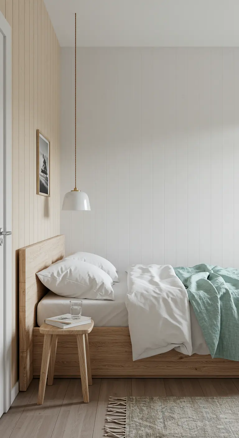 Minimalist bedroom with a light wood bed, white and green linens, and a pendant light.