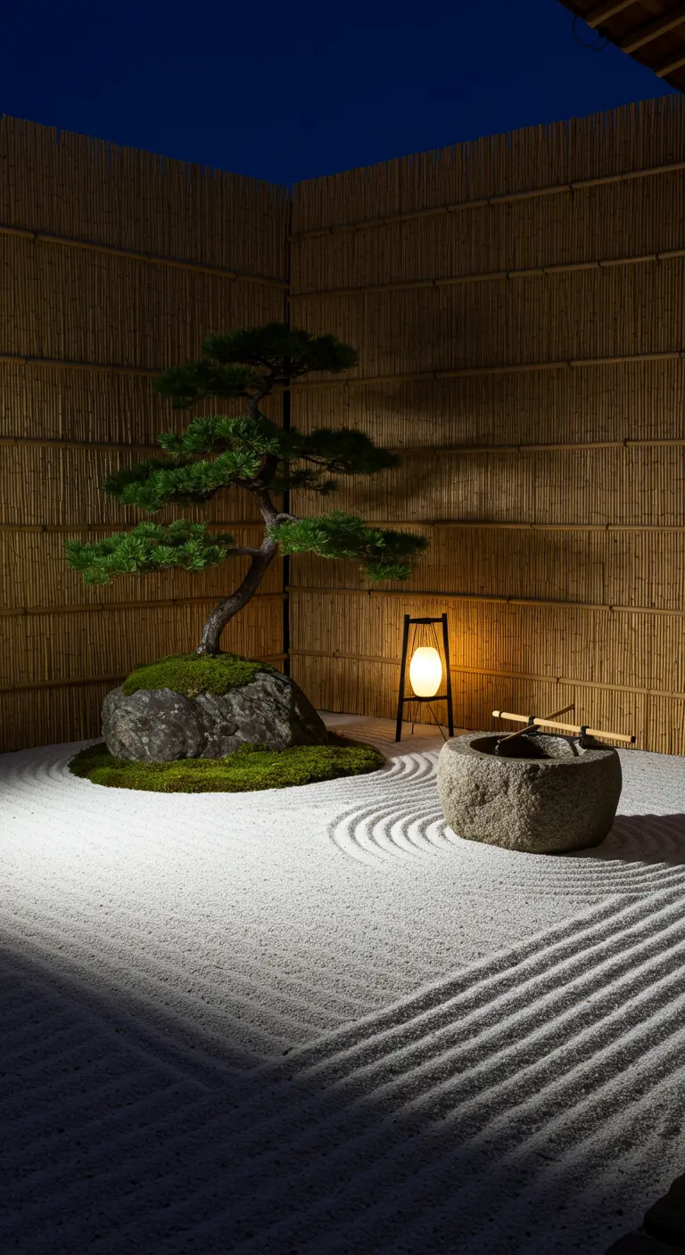 A Japanese Zen garden at night with raked white sand, a bonsai, and a lantern