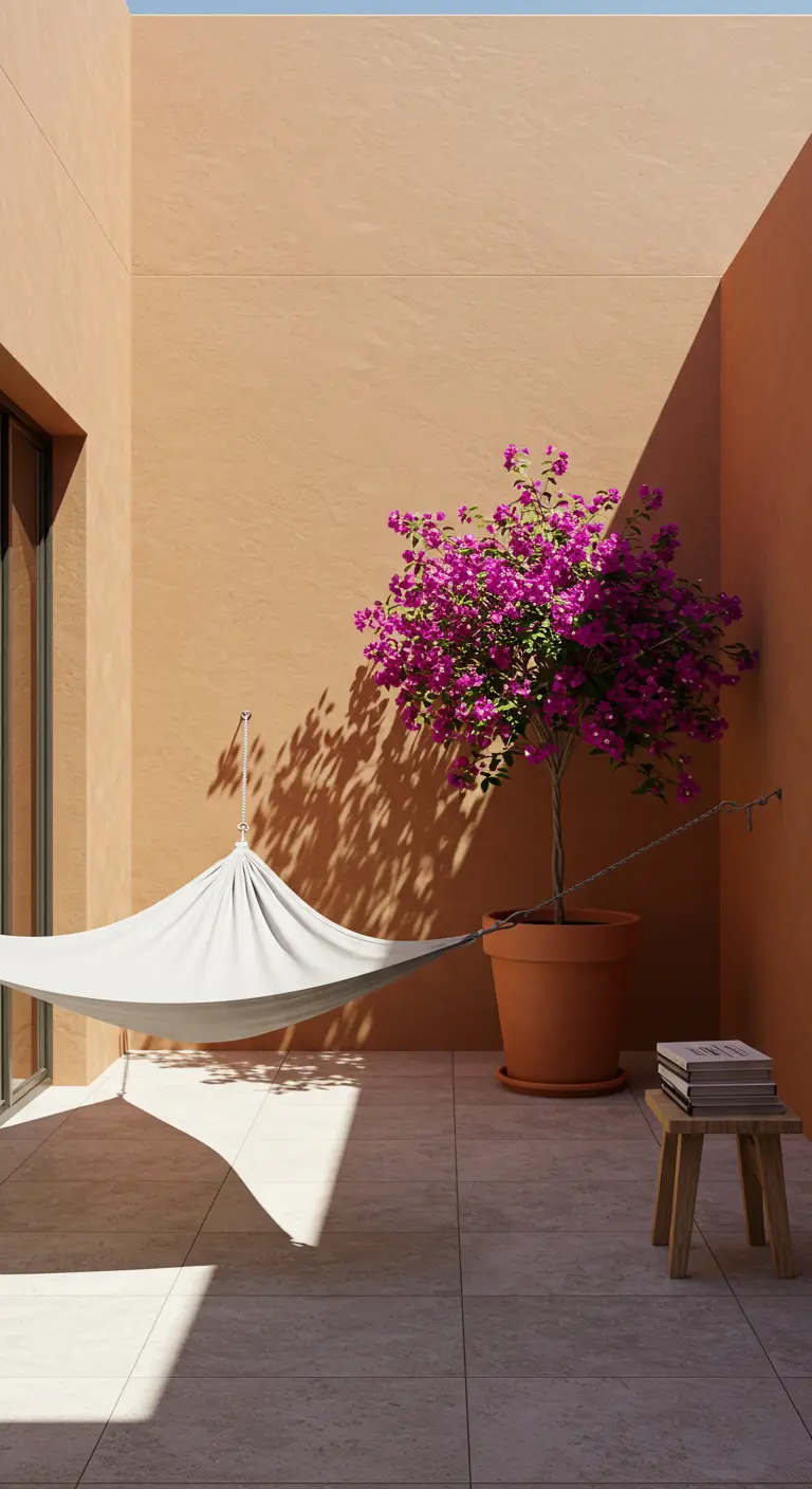 A minimalist patio with a white hammock and a single bougainvillea casting a strong shadow.