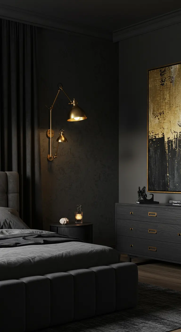 Dark gray bedroom with a charcoal velvet bed and a striking gold articulated wall lamp.