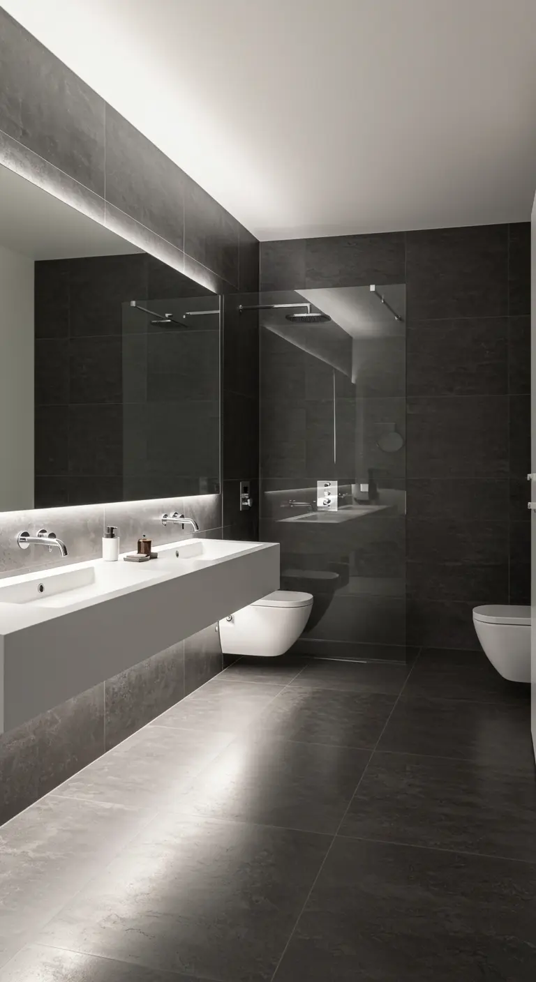 Minimalist bathroom with dark gray tiles and a backlit floating double vanity.