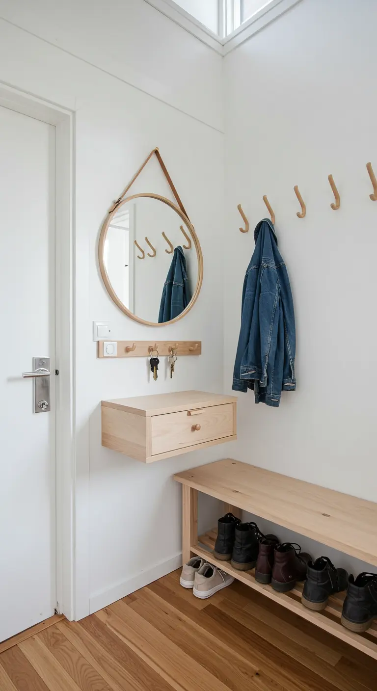 A tidy entryway with a floating wood drawer, a round mirror, and a shoe bench.