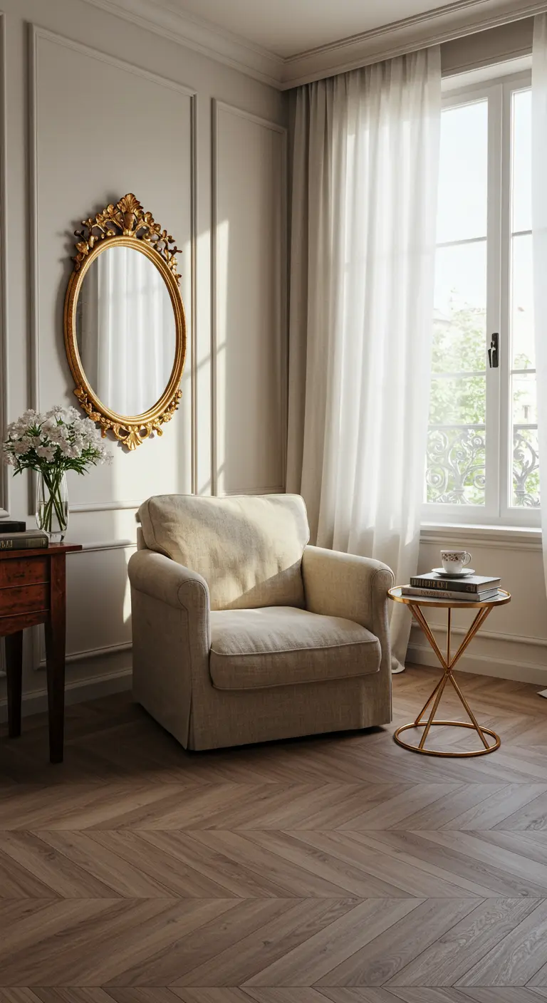 Sunlit reading nook with a beige linen armchair, gold side table, and ornate mirror.