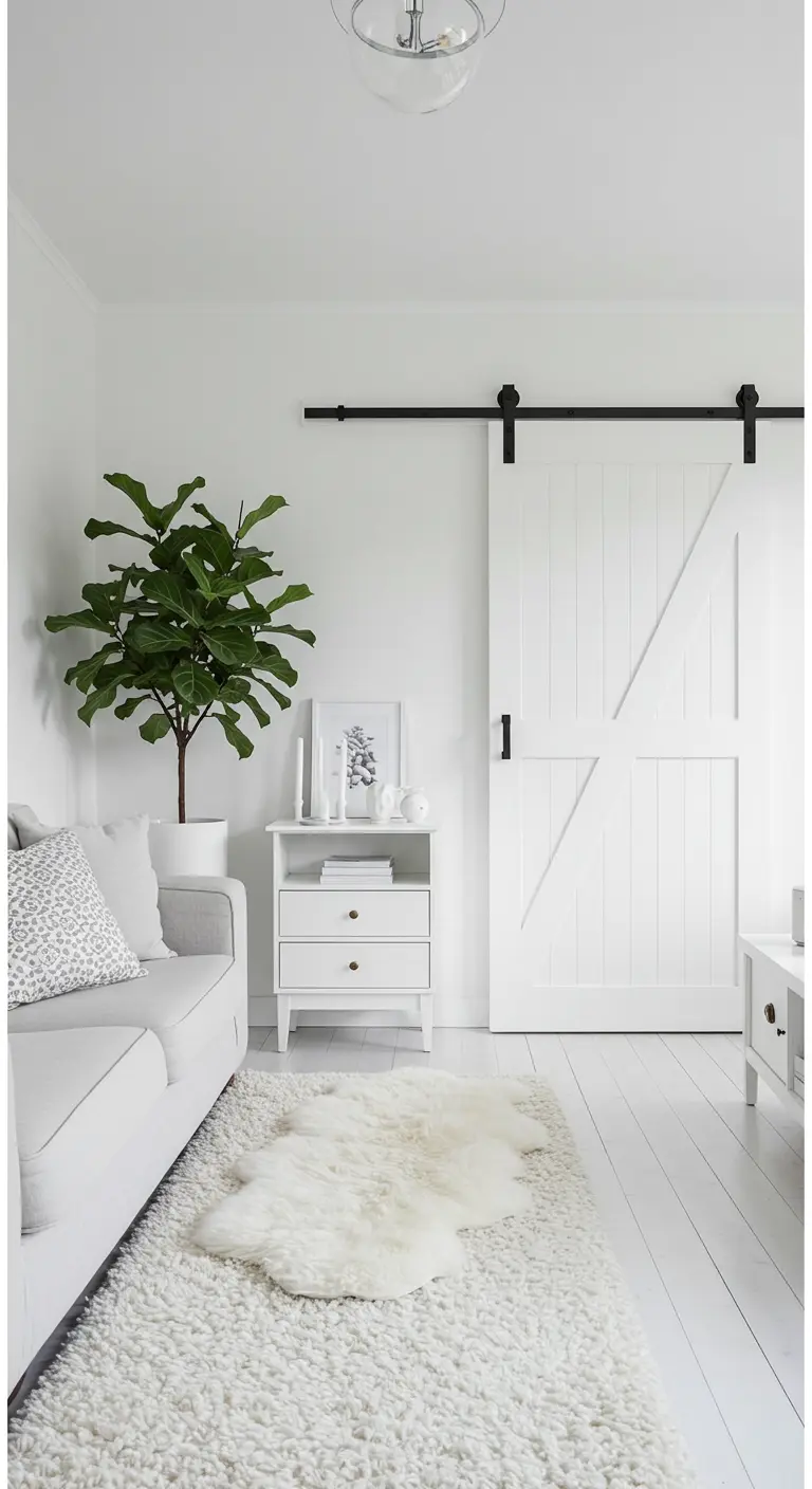All-white living room with a white barn door and layered white textured rugs.