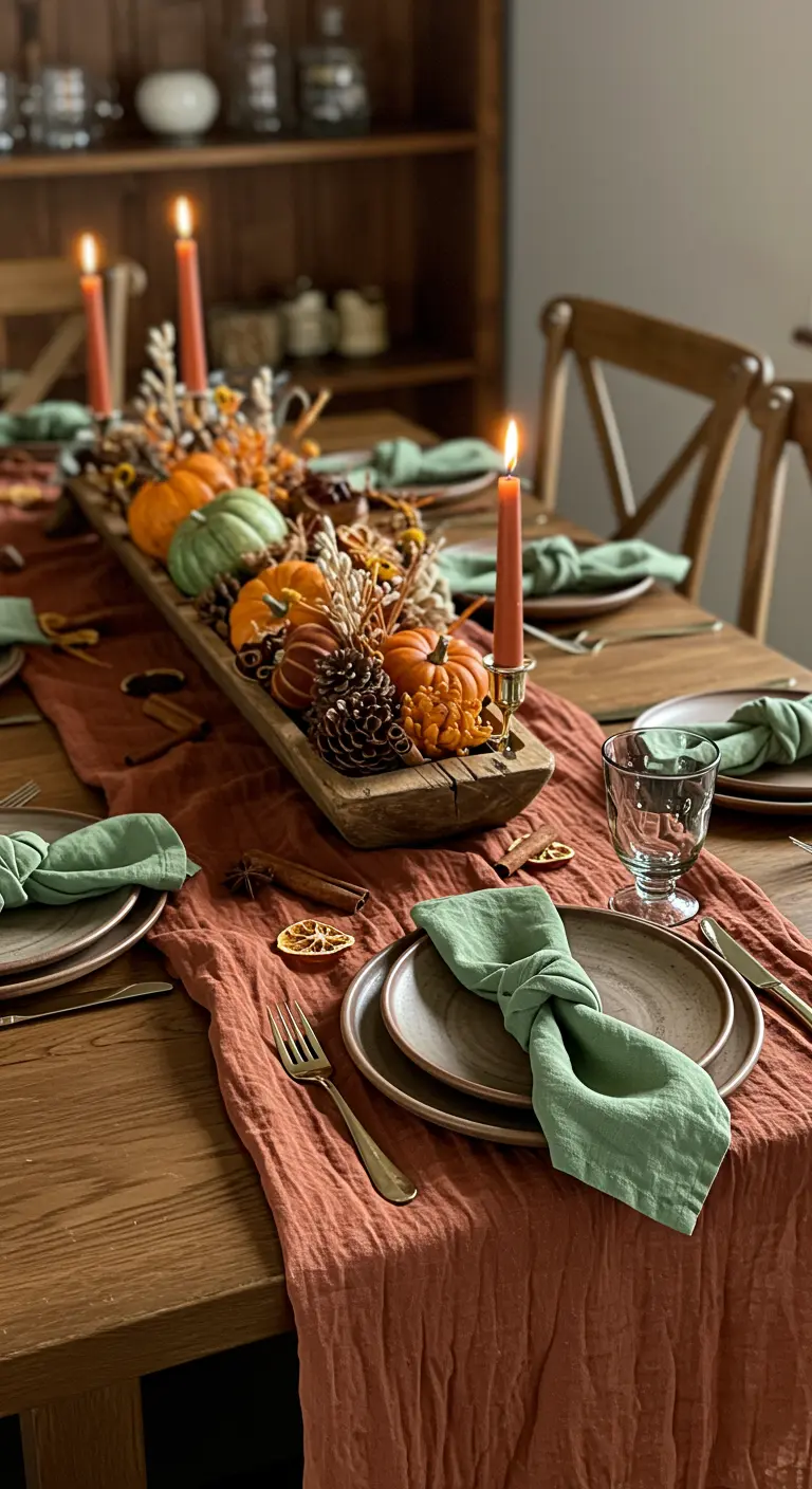 A wooden dough bowl filled with pumpkins, pinecones, and cinnamon sticks on a terracotta runner.