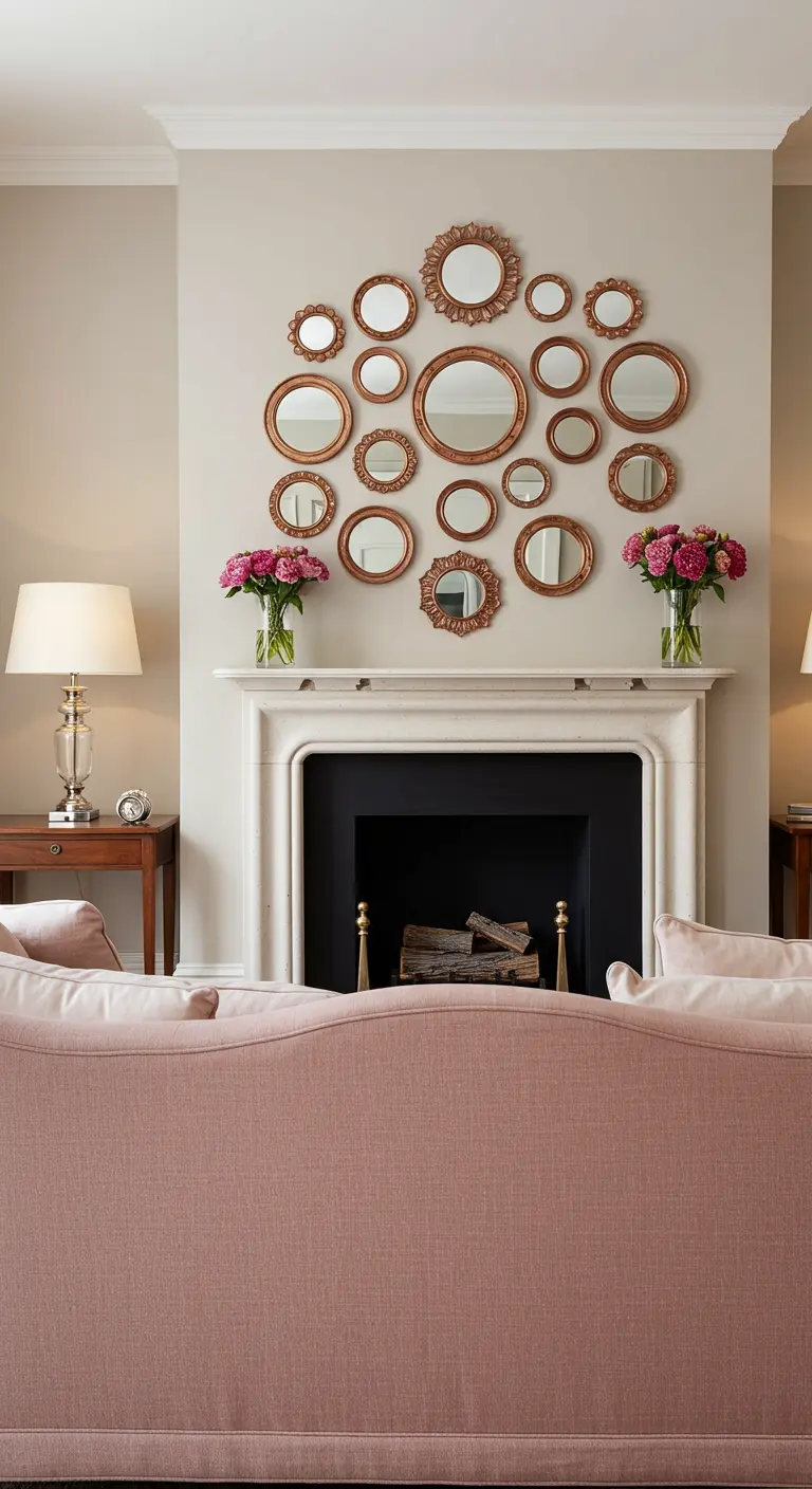 A collection of various small, rose gold-framed mirrors arranged above a fireplace.