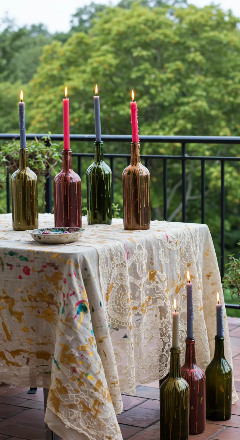 A creative tea table with a paint-splattered cloth and wine bottles used as candle holders.