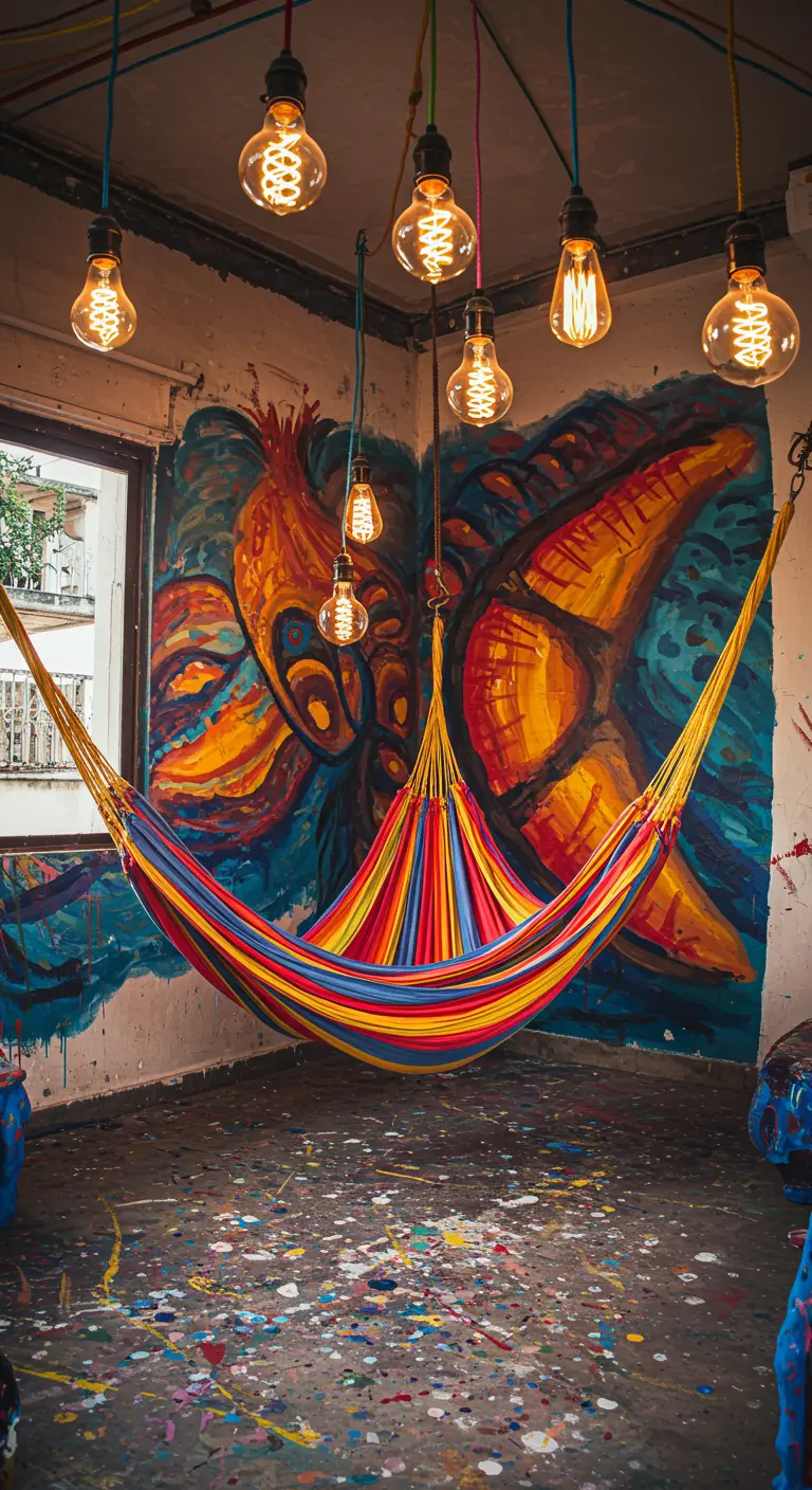 A brightly colored hammock in an artist's studio with a large mural and funky Edison bulbs.