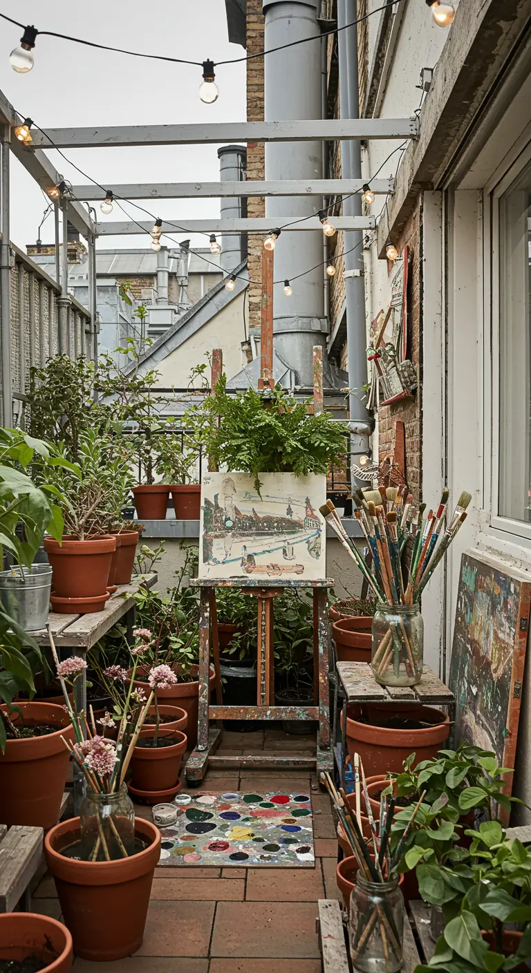 A cluttered, artistic balcony with an easel, paints, brushes, and numerous potted plants.