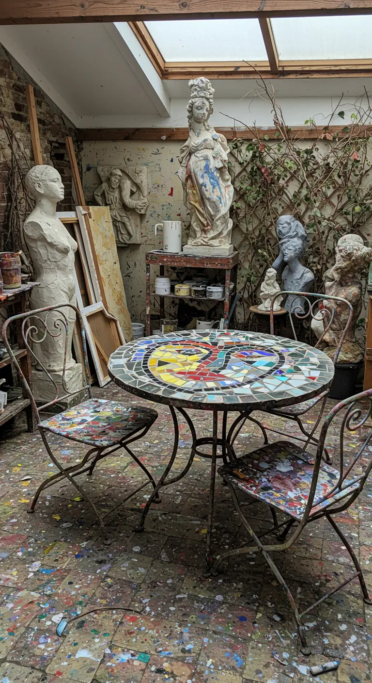 A rustic bistro set with a colorful mosaic table, splattered with paint in an artist's studio.