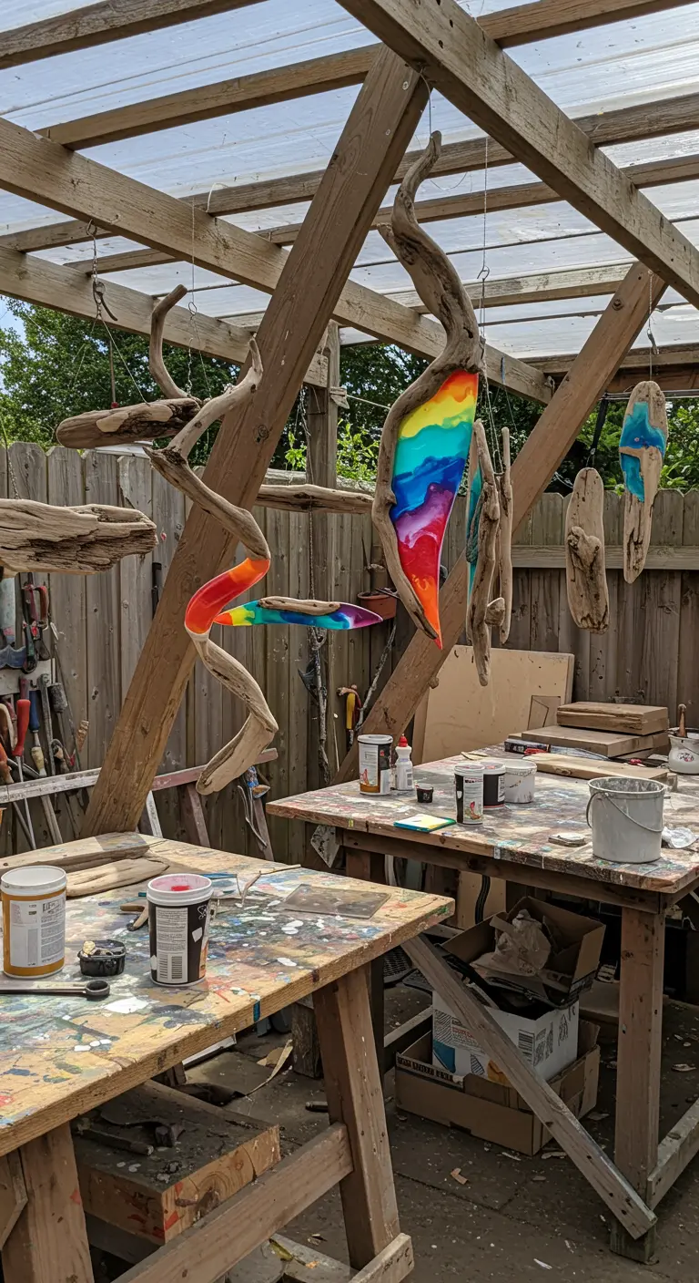 A rustic artist's workshop filled with tools and colorful driftwood and resin sculptures in progress.