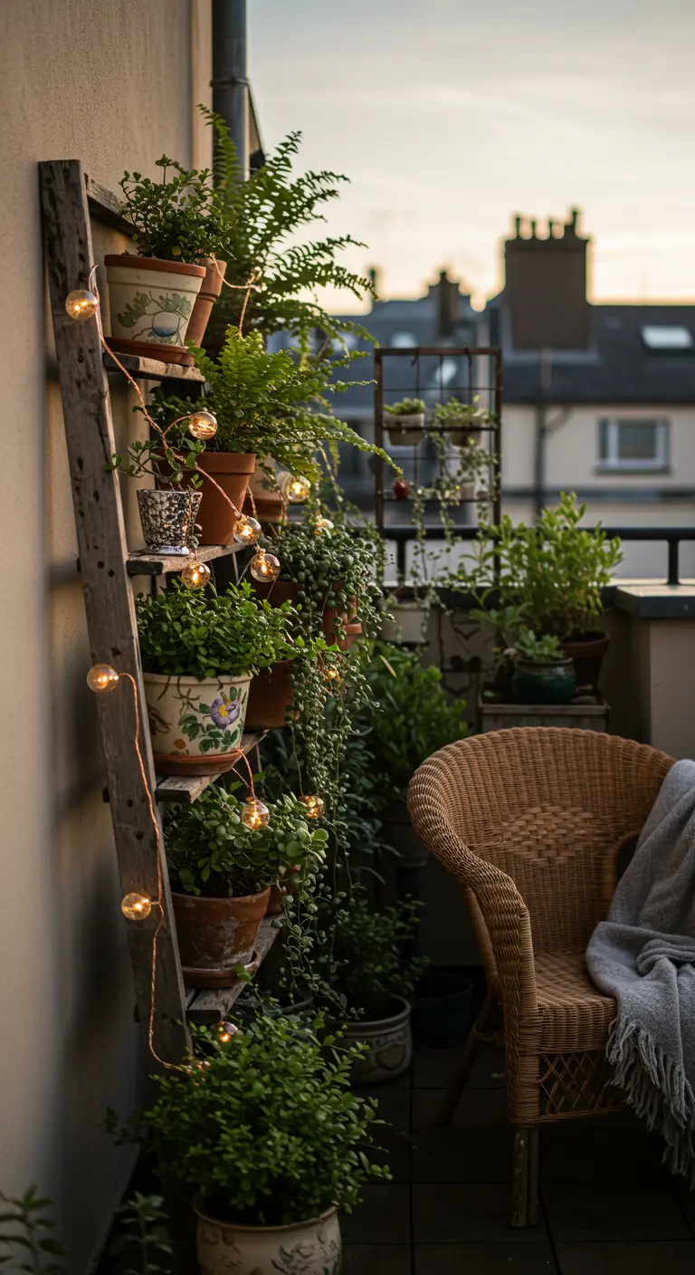 A vintage wooden ladder used as a plant stand on a balcony, adorned with fairy lights.
