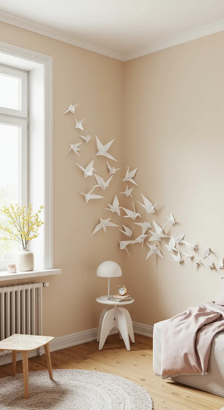A flock of white 3D origami birds arranged in a sweeping arc on a beige bedroom wall.