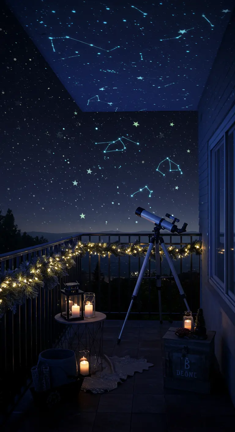 A balcony at night with stars on the ceiling, a garland on the rail, and a telescope.
