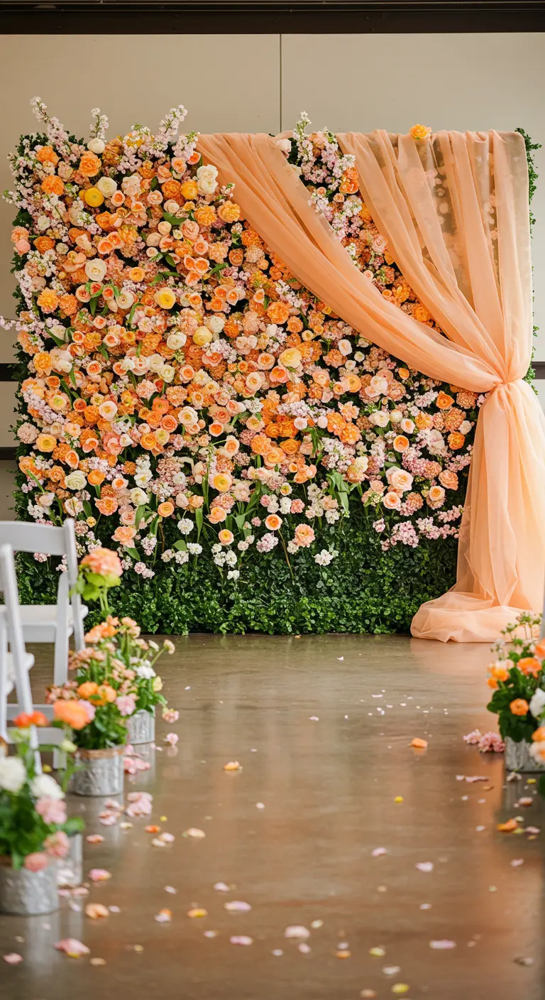 A greenery wall decorated with an asymmetrical cascade of peach flowers and a tied tulle drape.