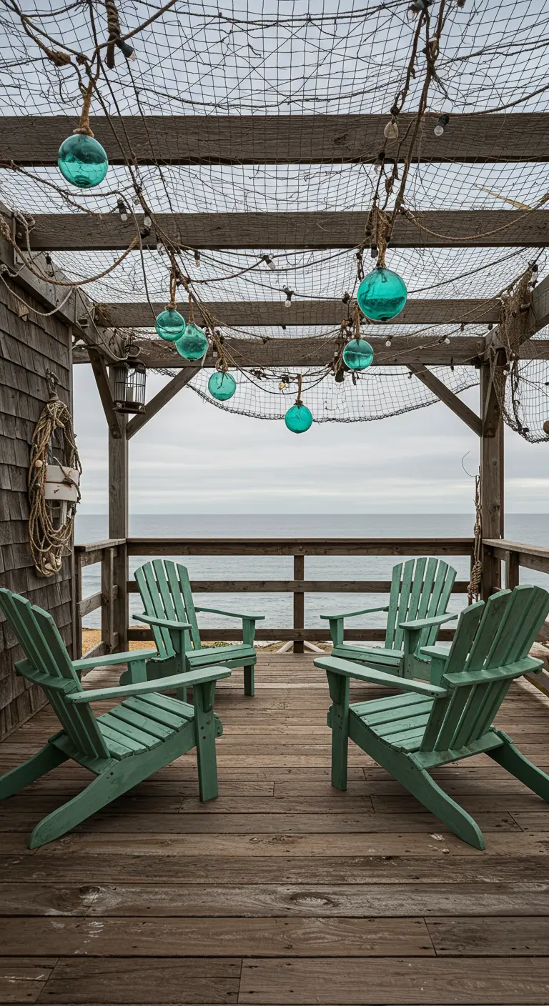 Green Adirondack chairs on a weathered deck with a fishing net and glass floats overhead.