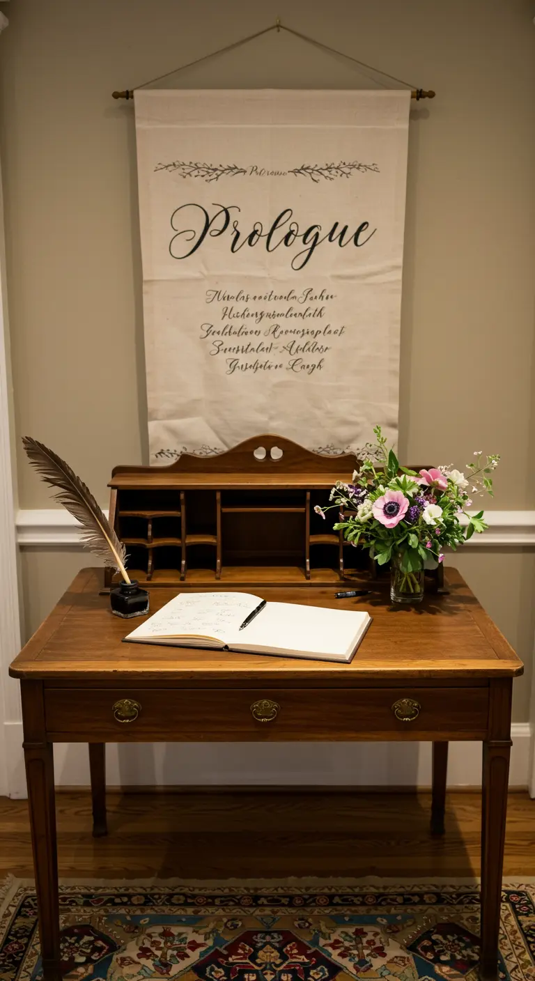 An antique desk with a guest book, quill pen, and a 