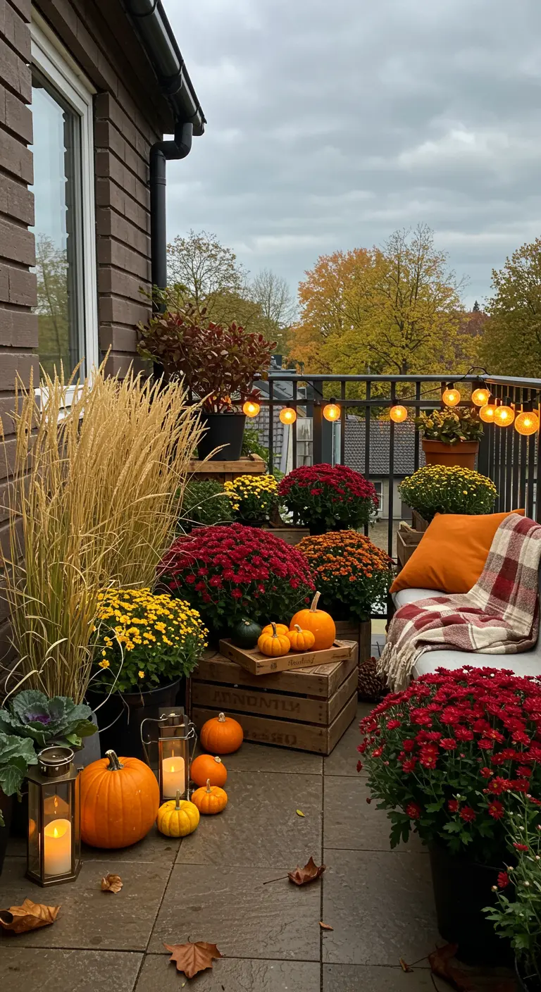A balcony decorated for autumn with pumpkins, chrysanthemums in rich colors, and a plaid blanket.
