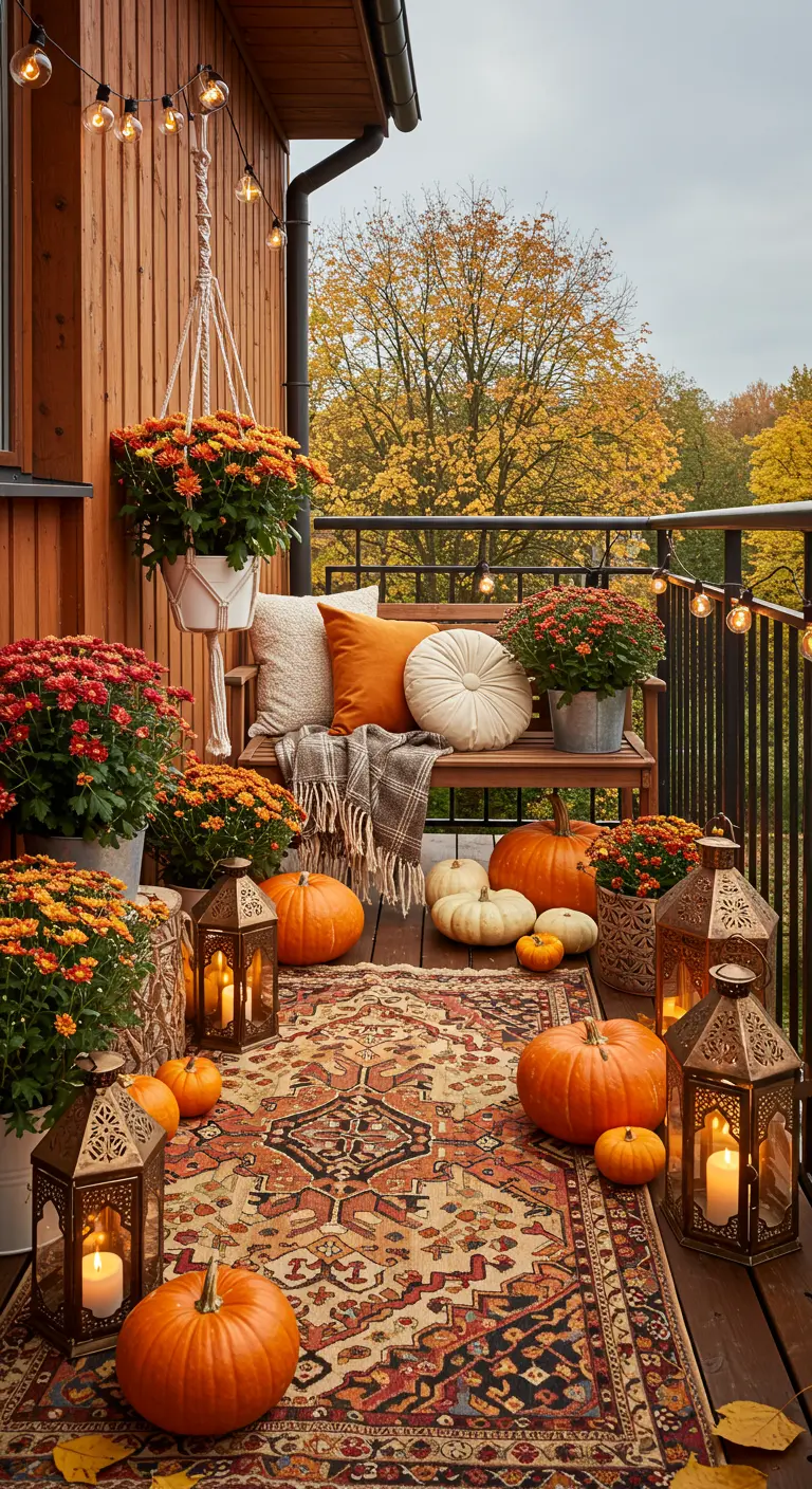 A balcony decorated for fall with pumpkins, orange mums, lanterns, and a plaid throw.