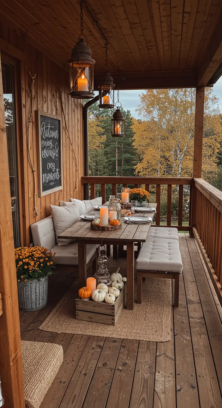 A covered wooden balcony set for an autumn meal with hanging lanterns, pumpkins, and a chalkboard sign.