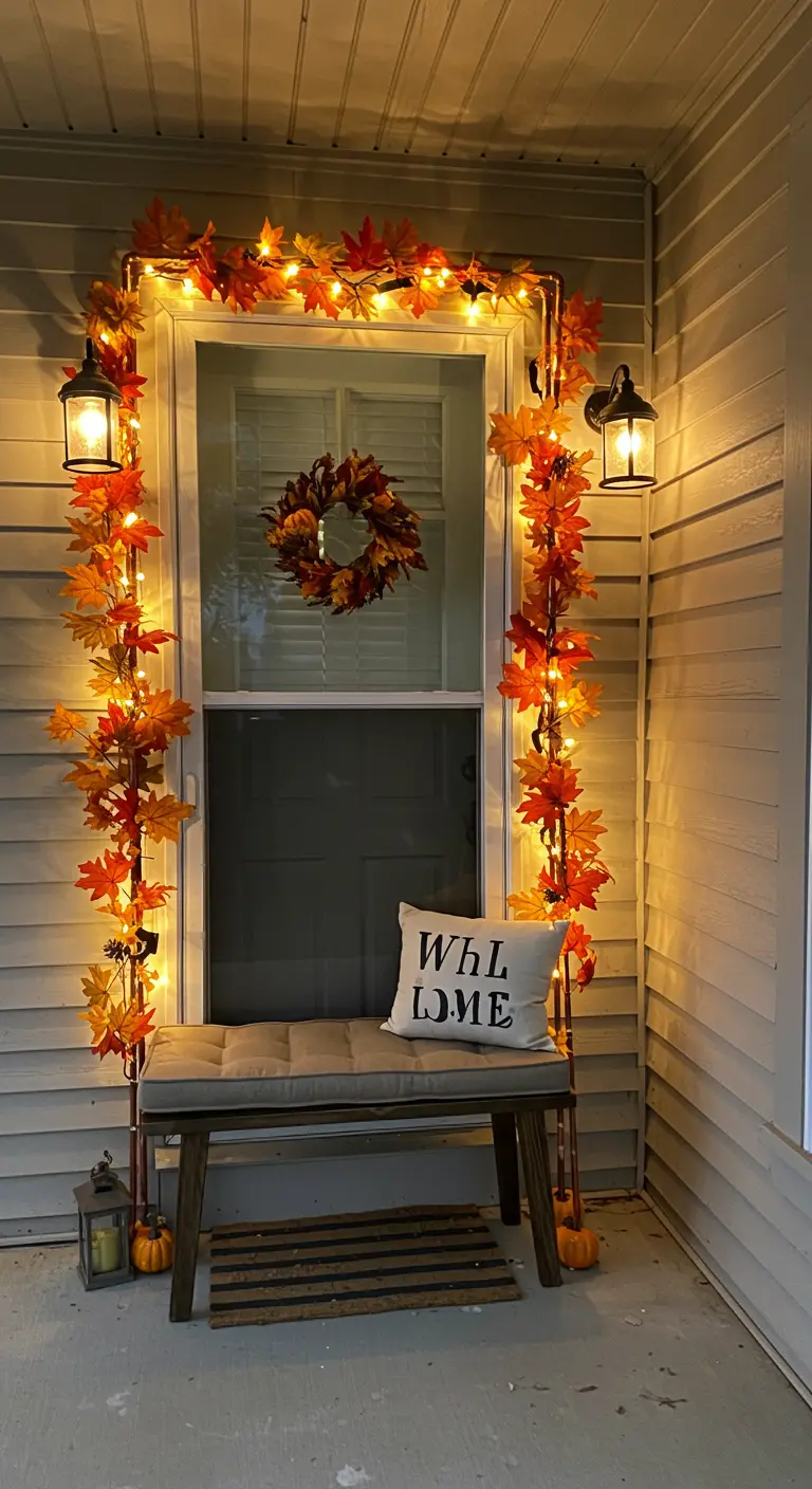 A copper pipe frame around a door, decorated with fall leaves and warm lights.