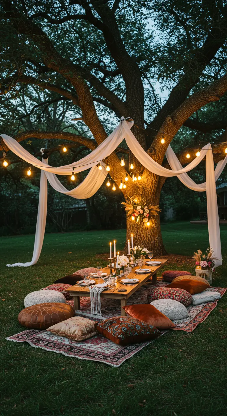 Bohemian picnic setting under a large oak tree with draped fabric and Edison bulb strings.
