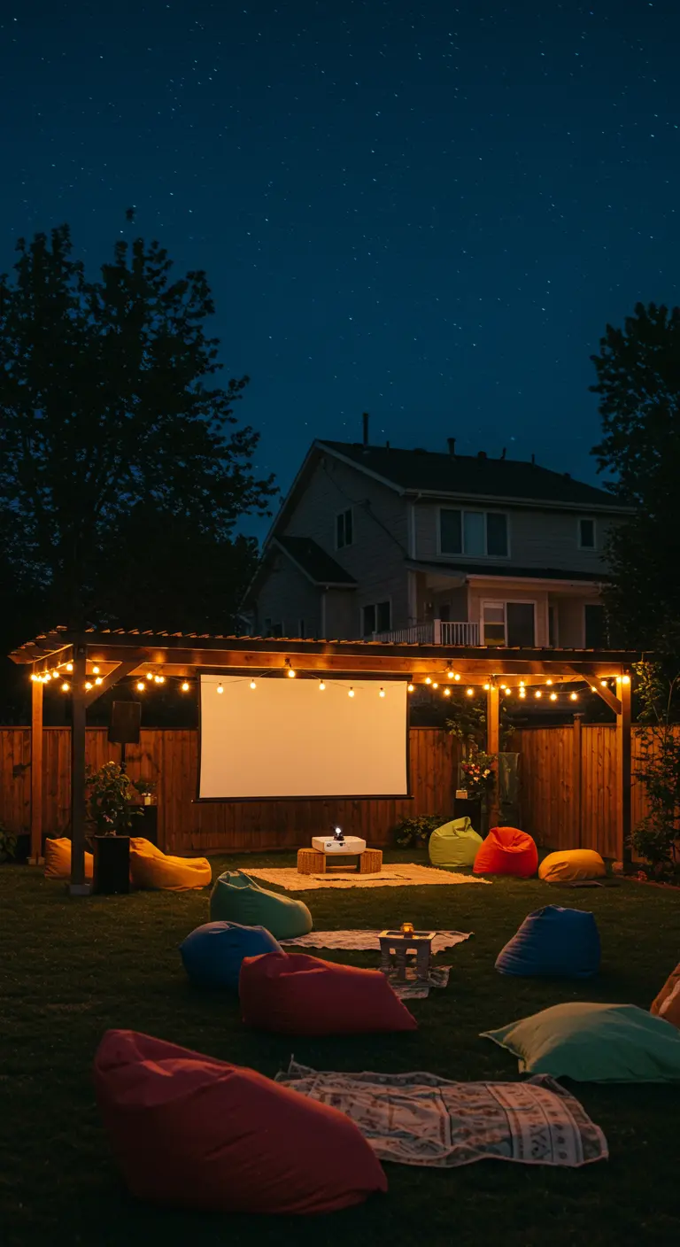 A pergola set up as an outdoor movie theater with a projector screen and colorful beanbags on the lawn.