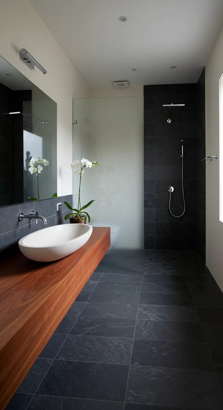 A modern bathroom with dark slate tile floors and walls, and a floating teak wood vanity.