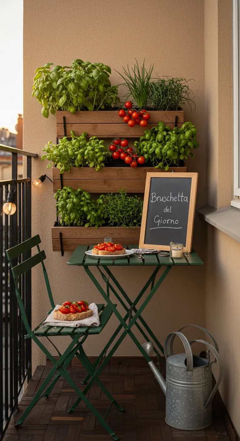 A balcony with a vertical herb garden, green bistro set, and a chalkboard menu for bruschetta.