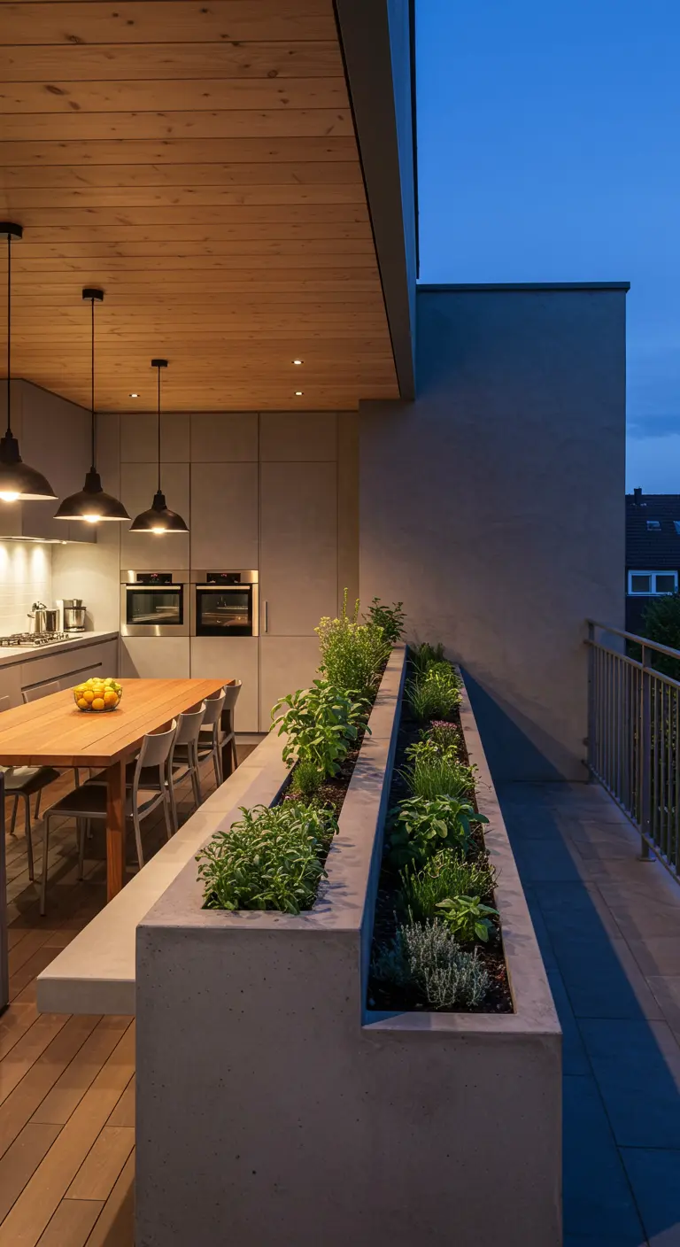 A concrete planter bench separating a modern kitchen from a balcony, filled with fresh herbs.