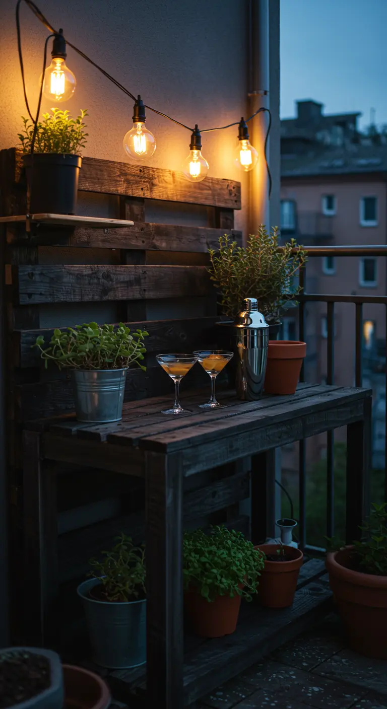 A dark wood pallet bench on a balcony at night, lit by Edison bulbs and used as a cocktail bar.