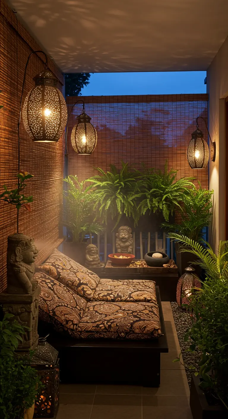 A cozy balcony with a paisley daybed, bamboo blinds, and ornate metal lanterns.