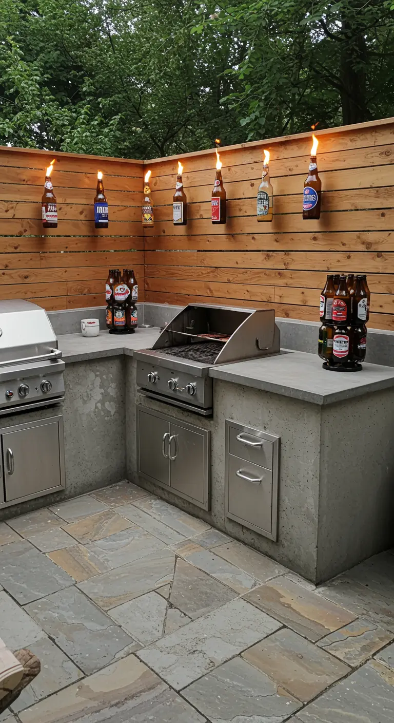 An outdoor kitchen with a row of beer bottle torches mounted on the wooden wall.
